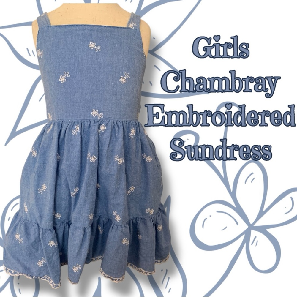 Girls Chambray Embroidered Sundress – Open-Back Design